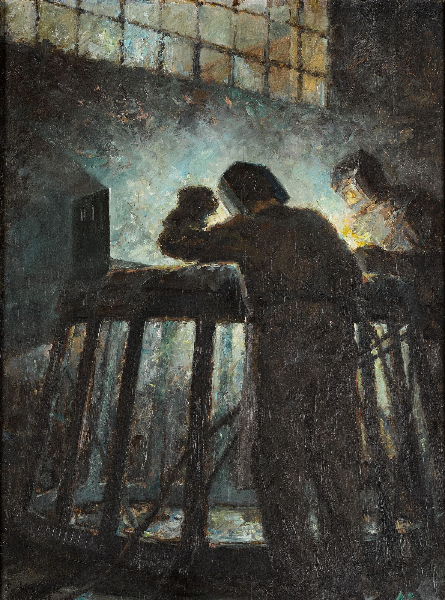 Svařování – Emanuel Knížek, 1946. Obraz, olej na překližce.