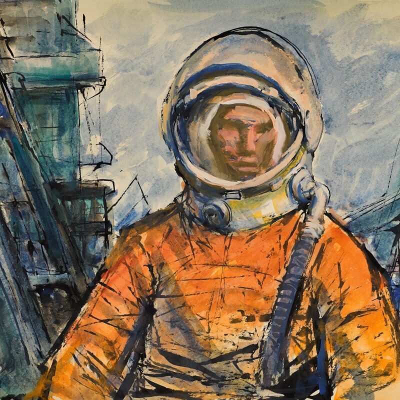 Kosmonaut – Jaromir Schoř, 70.–80. léta 20. století. Obraz, kombinovaná technika na lepence.
