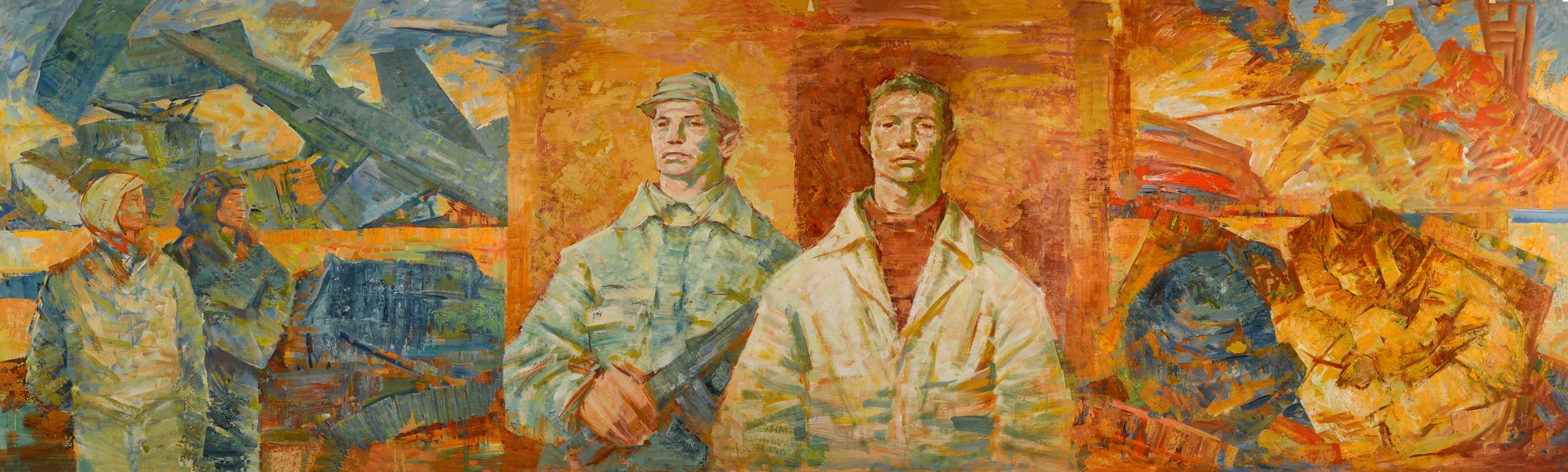Triptych ozbrojených sil – Jaromir Schoř, 70.–80. léta 20. století. Obraz, olej a tempera na papíře nalepeném na plátně.